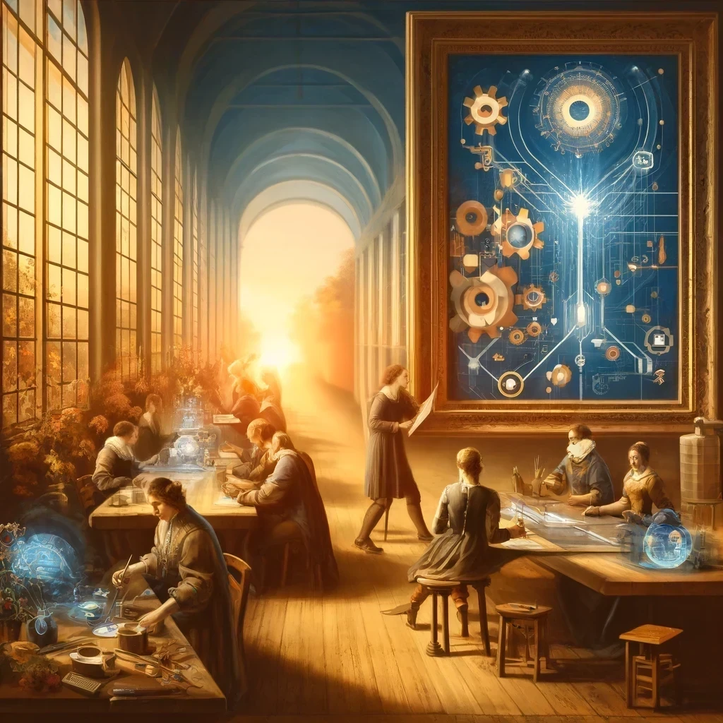 A 17th century Dutch master-style painting showing a harmonious scene of people working together with advanced tools in a warmly lit environment, featuring a corridor leading light into the scene.